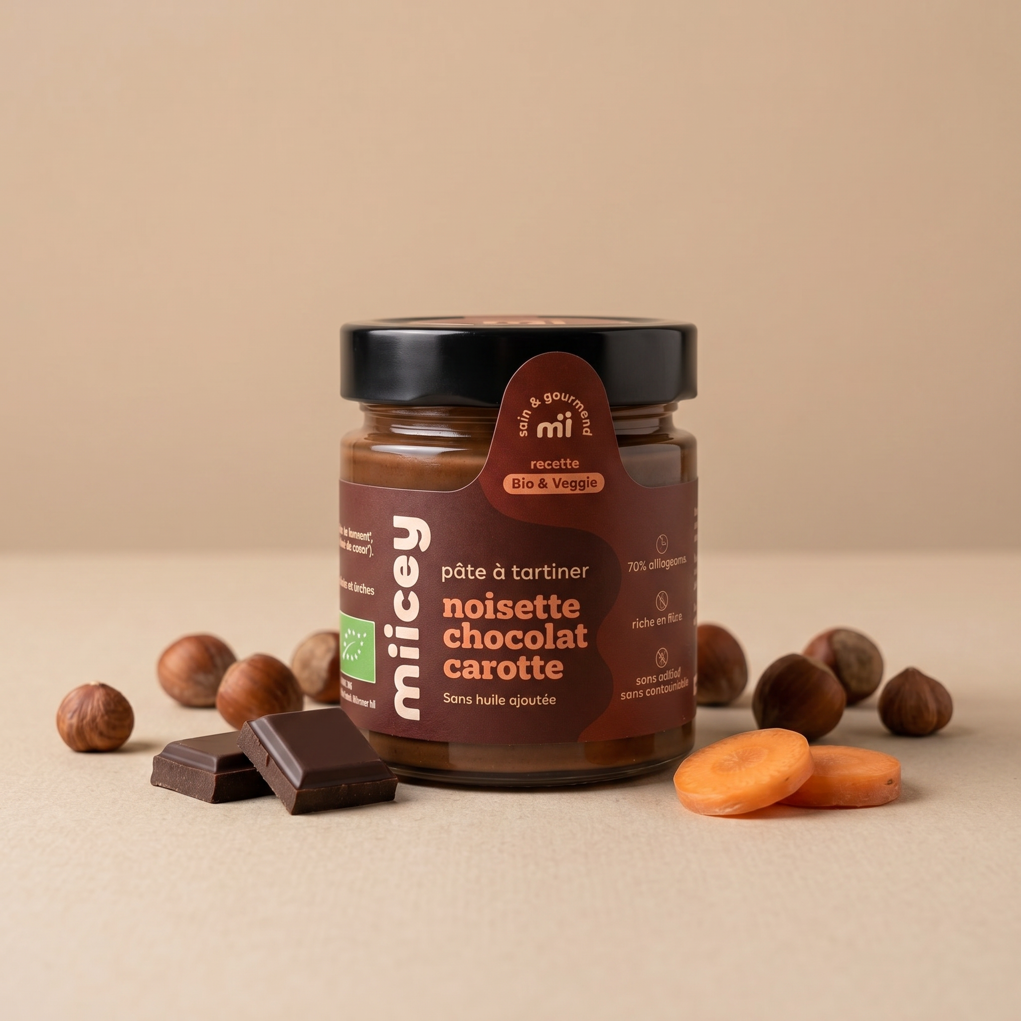 Pâte à tartiner bio Noisette Chocolat Carotte – 200g